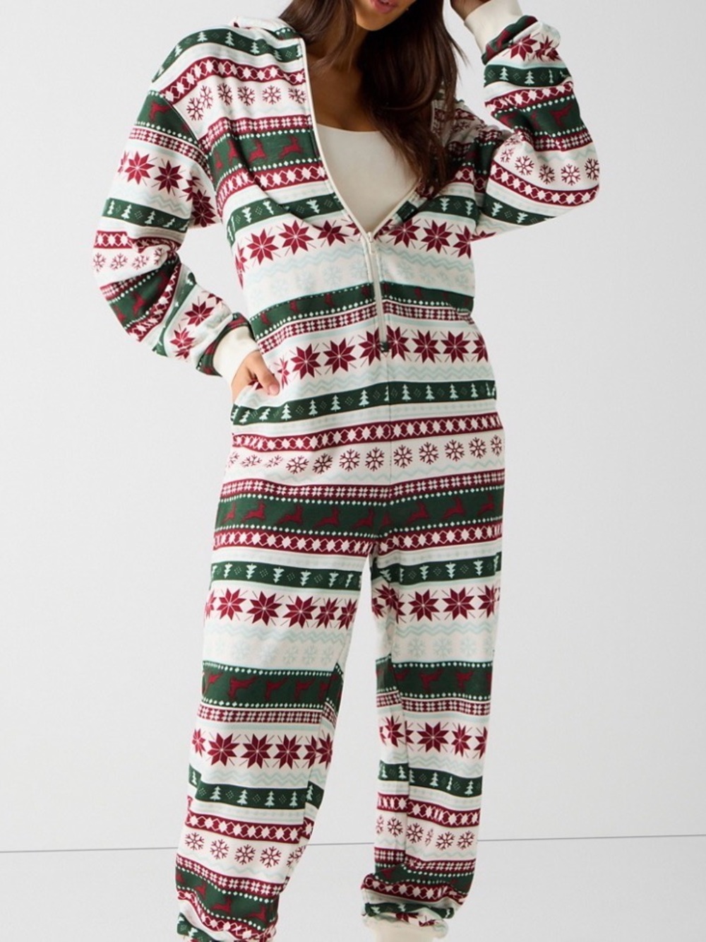 Fabletics Festive Burgundy/green/White Onesie. warm and cozy material inside